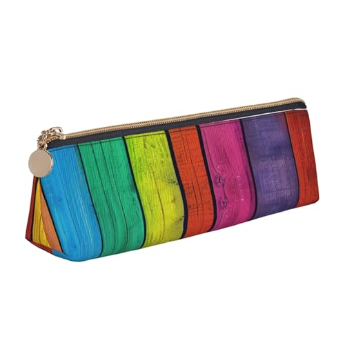 JKLQWC Cooles Piratenschiff bedrucktes Dreieck-Federmäppchen mit Reißverschluss – leichter Leder-Organizer für Schule, Büro, Reisen, Make-up, Farbiger Holzhintergrund, Einheitsgröße, Schulranzen von JKLQWC