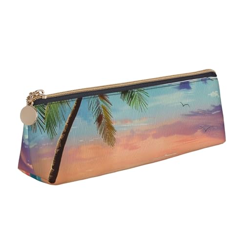 JKLQWC Cooles Piratenschiff bedrucktes Dreieck-Federmäppchen mit Reißverschluss – leichter Leder-Organizer für Schule, Büro, Reisen, Make-up, Kokospalme Sandstrand 1, Einheitsgröße, Schulranzen von JKLQWC