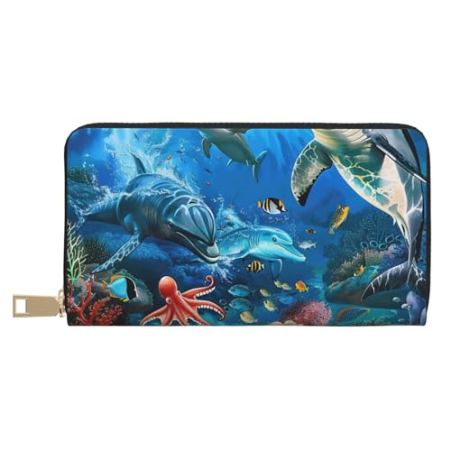 JKLQWC Delfine Sea Turtle Coral Reef Printed Long Wallet for Women Men Funny PU Leather Wallet with Coin Purse and Card Holder, weiß, Einheitsgröße, Modern von JKLQWC