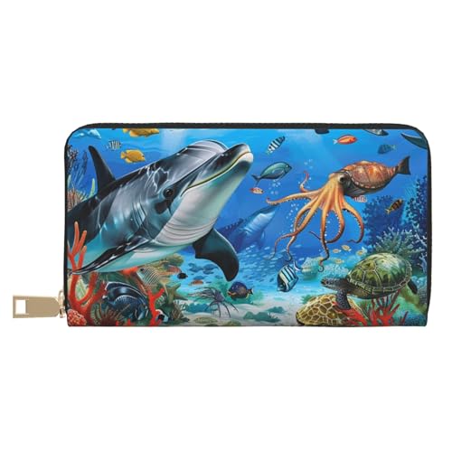 JKLQWC Delfine Sea Turtle Octopus Printed Long Wallet for Women Men Funny PU Leather Wallet with Coin Purse and Card Holder, weiß, Einheitsgröße, Modern von JKLQWC