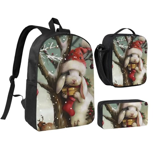 JKLQWC Farbenfrohes Rucksack-Set mit Cupcake-Aufdruck, 3-teilig, 43,2 cm, Schultasche mit isolierter Lunchtasche und Federmäppchen für Studenten, Teenager, Mädchen, Jungen, Weihnachts-Hase von JKLQWC
