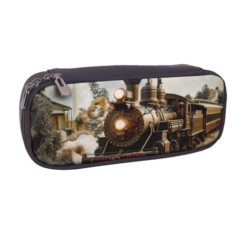 JKLQWC Federmäppchen aus PU-Leder mit Zug- und Eisenbahn-Motiv, niedlich, mit Reißverschluss, Büro, Schule, Federmäppchen, Organizer für Studenten, Teenager, Mädchen, Jungen, Erwachsene, Schwarz , von JKLQWC