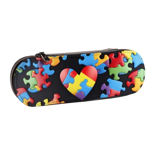 JKLQWC Federmäppchen für Autismus-Bewusstseins-Puzzleteile, Herzmuster, niedliches Stifteetui, PU-Leder, Reißverschluss, Stifteetui, Organizer für Büro, Schule, Reisen, Schwarz , Einheitsgröße, von JKLQWC