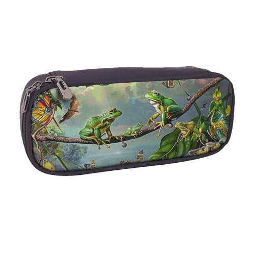 JKLQWC Federmäppchen mit Aufschrift "Many Frogs Sing on The Branches Summer Butterflies Printed PU Leather Cute Pen Pencil Box Bag Zipper Office School Pencil Pouch Organizer for Students Teen Girls von JKLQWC