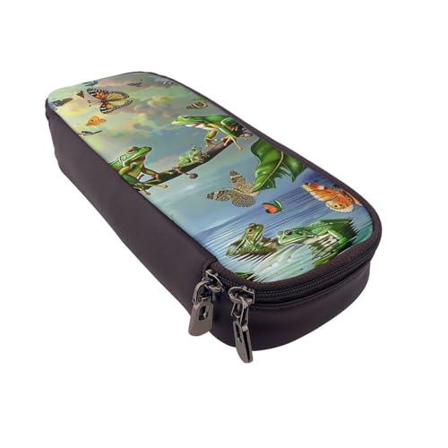 JKLQWC Federmäppchen mit Aufschrift "Many Frogs Sing on The Branches Summer Butterflies Printed PU Leather Cute Pen Pencil Box Bag Zipper Office School Pencil Pouch Organizer for Students Teen Girls von JKLQWC