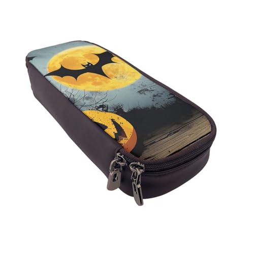 JKLQWC Federmäppchen mit Halloween-Mondfledermaus-Aufdruck, niedliches PU-Leder, Stiftebox, Tasche, Reißverschluss, Federmäppchen, Organizer für Büro, Schule, Schwarz , Einheitsgröße, Schulranzen von JKLQWC