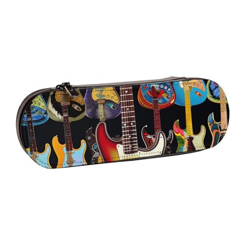 JKLQWC Federmäppchen mit Kunst-Gitarren-Muster, niedliches Stifteetui, PU-Leder, Reißverschluss, Federmäppchen, Organizer für Büro, Schule, Reisen, Schwarz , Einheitsgröße, Schulranzen von JKLQWC