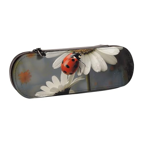 JKLQWC Federmäppchen mit Marienkäfer und weißen Flwers bedruckt, niedliches Federmäppchen, PU-Leder, Reißverschluss, Federmäppchen, Organizer für Büro, Schule, Reisen, Schwarz , Einheitsgröße von JKLQWC