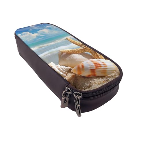 JKLQWC Federmäppchen mit Muschelmotiv, Motiv: Meeresstrand, niedliches PU-Leder, Stiftebox, Tasche, Reißverschluss, Federmäppchen, Organizer für Büro, Schule, Schwarz , Einheitsgröße, Schulranzen von JKLQWC