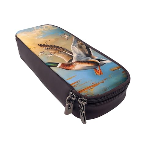 JKLQWC Federmäppchen mit Ölgemälde-Entenmuster, niedliches PU-Leder, Stiftebox, Tasche, Reißverschluss, Federmäppchen, Organizer für Büro, Schule, Schwarz , Einheitsgröße, Schulranzen von JKLQWC