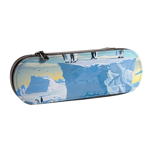 JKLQWC Federmäppchen mit Pinguine auf dem Eisberg, bedruckt, niedliches Federmäppchen, PU-Leder, Reißverschluss, Federmäppchen, Organizer für Büro, Schule, Reisen, Schwarz , Einheitsgröße, Schulranzen von JKLQWC