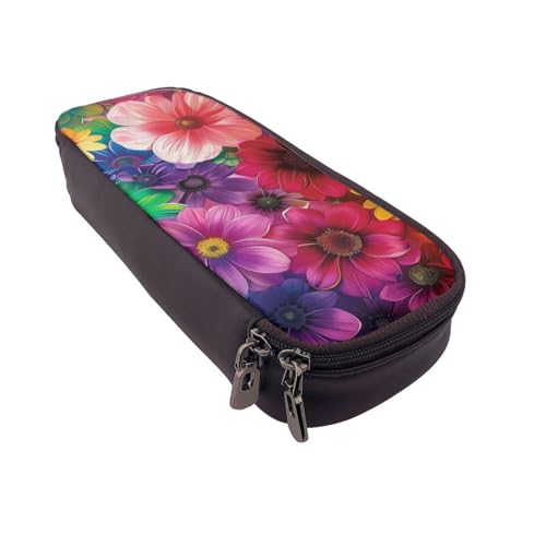 JKLQWC Federmäppchen mit Regenbogen-Blumendrucken, niedliches PU-Leder, Stiftebox, Tasche, Reißverschluss, Federmäppchen, Organizer für Büro, Schule, Schwarz , Einheitsgröße, Schulranzen von JKLQWC