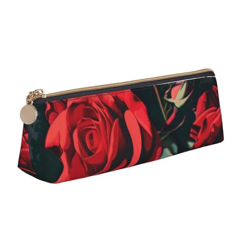 JKLQWC Federmäppchen mit Totenkopf-Motiv, bedruckt, dreieckig, mit Reißverschluss, leichter Leder-Organizer für Schule, Büro, Reisen, Make-up, Roter Rosenaufdruck, Einheitsgröße, Schulranzen von JKLQWC