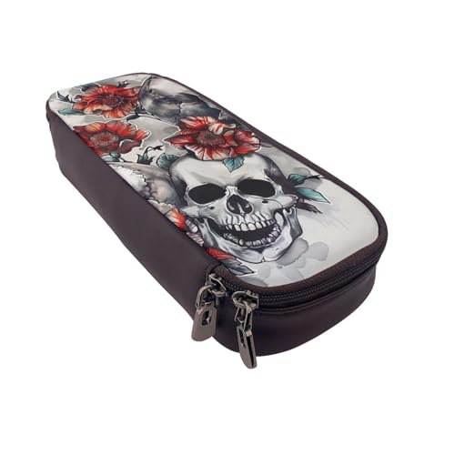 JKLQWC Federmäppchen mit Totenkopf- und Blumendrucken, niedliches PU-Leder, Stiftebox, Tasche, Reißverschluss, Federmäppchen, Organizer für Büro, Schule, Schwarz , Einheitsgröße, Schulranzen von JKLQWC