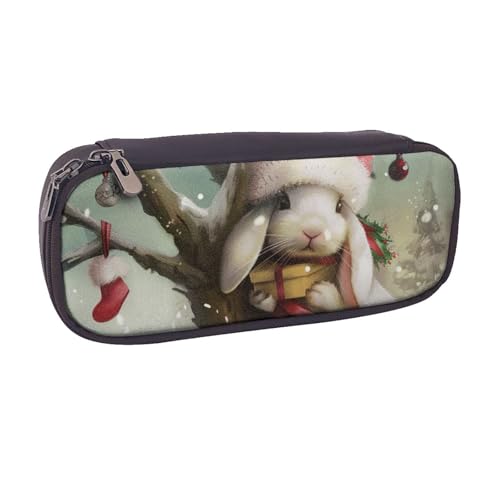 JKLQWC Federmäppchen mit Weihnachts-Hasen-Motiv, bedruckt, PU-Leder, niedlich, mit Reißverschluss, Büro, Schule, Federmäppchen, Organizer für Studenten, Teenager, Mädchen, Jungen, Erwachsene, Schwarz von JKLQWC
