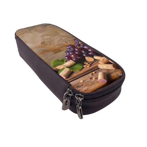 JKLQWC Federmäppchen mit Weinflaschenkorken und Traubendrucken, niedliches PU-Leder, Stiftebox, Tasche, Reißverschluss, Federmäppchen, Organizer für Büro, Schule, Schwarz , Einheitsgröße, Schulranzen von JKLQWC