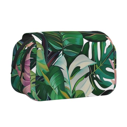 JKLQWC Federmäppchen mit Wildhirsch-Aufdruck, zwei Ebenen, großes Fassungsvermögen, Make-up-Tasche, Organizer für Büro, Schule, Reisen, Tropische Blätter, Einheitsgröße, Schulranzen von JKLQWC