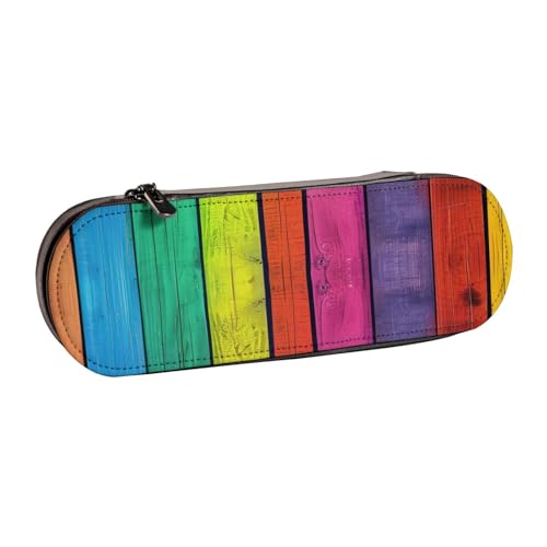 JKLQWC Federmäppchen mit farbigem Holzhintergrund, niedliches Federmäppchen, PU-Leder, Reißverschluss, Federmäppchen, Organizer für Büro, Schule, Reisen, Schwarz , Einheitsgröße, Schulranzen von JKLQWC