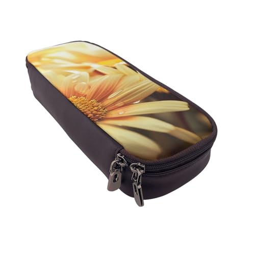 JKLQWC Federmäppchen mit gelben Blumen am Morgen für Mädchen und Jungen, niedliches PU-Leder, Stiftebox, Tasche, Reißverschluss, Federmäppchen, Organizer für Büro, Schule, Schwarz , Einheitsgröße von JKLQWC