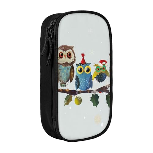 JKLQWC Federmäppchen mit niedlichem Weihnachts-Eulen auf Ast, bedruckt, niedliches Stifteetui, große Stifttasche, tragbare Aufbewahrungsbox, Organizer für Büro, Schule, Teenager, Mädchen, Jungen, von JKLQWC