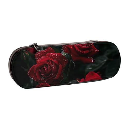 JKLQWC Federmäppchen mit roten Rosen, niedliches Federmäppchen, PU-Leder, Reißverschluss, für Büro, Schule, Reisen, Schwarz , Einheitsgröße, Schulranzen von JKLQWC