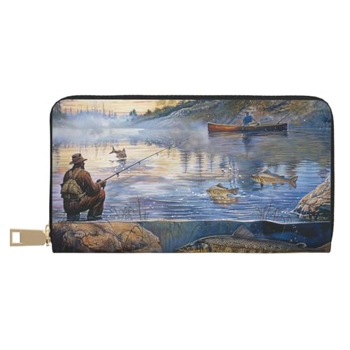 JKLQWC Fischersee, bedruckt, lange Geldbörse für Damen und Herren, lustige PU-Leder-Geldbörse mit Münzgeldbörse und Kartenhalter, weiß, Einheitsgröße, Modern von JKLQWC