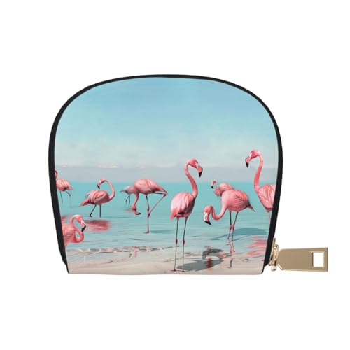 JKLQWC Flock of Flamingos on The Beach Printed Credit Card Wallet for Women Men Cute Zipper Card Cases Holder Mini Coin Purse with 12 Card Slots, weiß, Einheitsgröße, Modern von JKLQWC