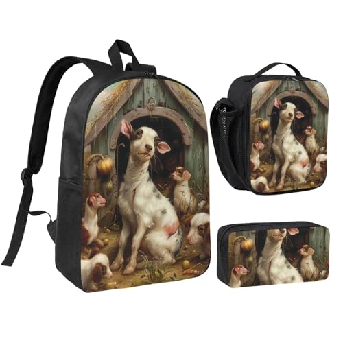 JKLQWC Halloween Mond Fledermaus Druck Rucksack Set 3-teilig, 43,2 cm Schultasche mit isolierter Lunchtasche & Federmäppchen für Studenten, Teenager, Mädchen, Jungen, Bauernhoftiere, Einheitsgröße von JKLQWC