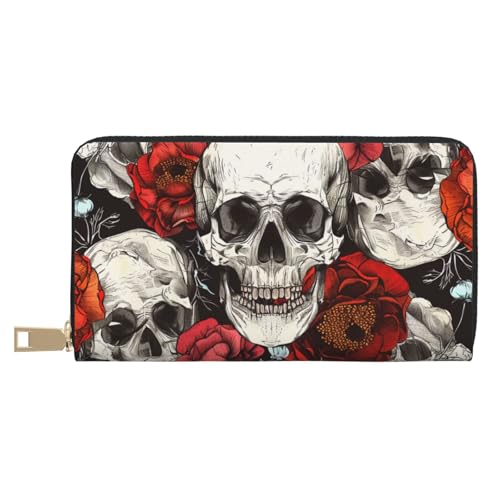 JKLQWC Halloween Schädel bedruckte lange Geldbörse für Damen Herren Lustige PU Leder Geldbörse mit Münzgeldbörse und Kartenhalter, weiß, Einheitsgröße, Modern von JKLQWC