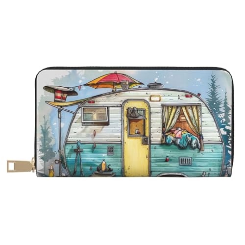 JKLQWC Happy Campers bedruckte lange Geldbörse für Damen und Herren, lustige PU-Leder-Geldbörse mit Münzgeldbörse und Kartenhalter, weiß, Einheitsgröße, Modern von JKLQWC