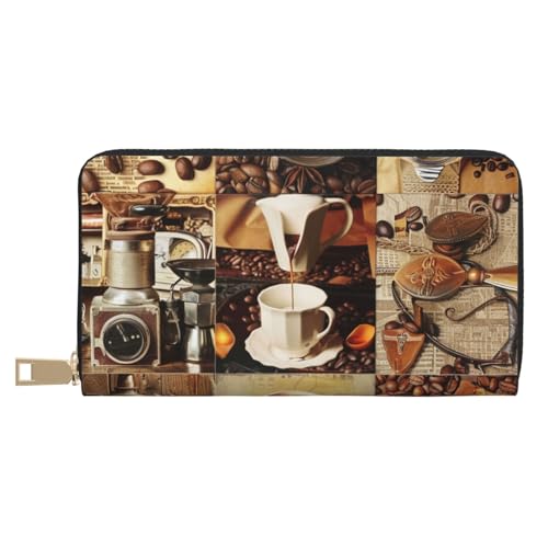JKLQWC Kaffee-Collage bedruckte lange Geldbörse für Damen und Herren, lustige PU-Leder-Geldbörse mit Münzgeldbörse und Kartenhalter, weiß, Einheitsgröße, Modern von JKLQWC