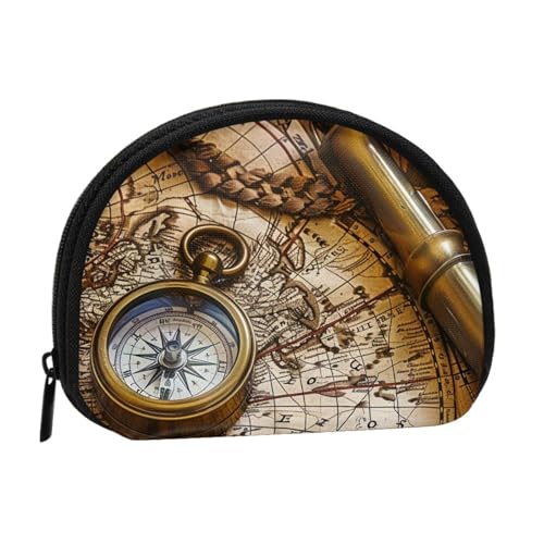 JKLQWC Kompass und alte Weltkarte bedruckte Münzbörse für Damen, niedlich, kleine Kleingeldbörse, Mini-Münzgeldbörse, Beutel mit Reißverschluss, Schwarz , Einheitsgröße, Modern von JKLQWC