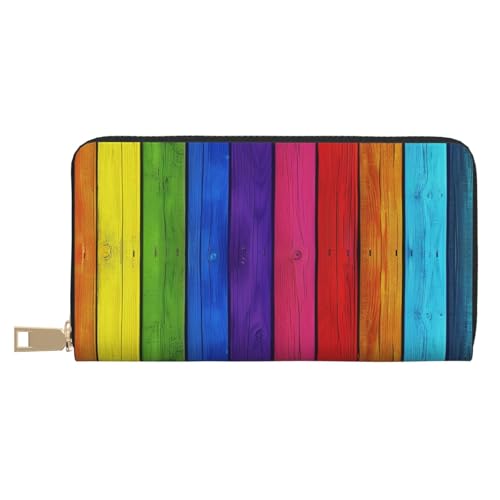 JKLQWC Langes Portemonnaie mit Regenbogenfarben-Holzhintergrund für Damen und Herren, lustige Geldbörse aus PU-Leder mit Münzfach und Kartenhalter, weiß, Einheitsgröße, Modern von JKLQWC