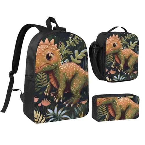JKLQWC Libellen-Druck-Rucksack-Set, 3-teilig, 43,2 cm, Schultasche mit isolierter Lunchtasche und Federmäppchen für Studenten, Teenager, Mädchen, Jungen, Niedlicher Dinosaurier, Einheitsgröße von JKLQWC