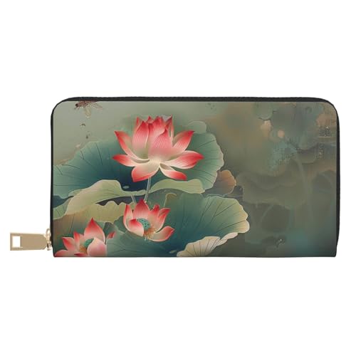 JKLQWC Lotusblume und Libelle bedruckte lange Geldbörse für Damen und Herren, lustige PU-Leder-Geldbörse mit Münzgeldbörse und Kartenhalter, weiß, Einheitsgröße, Modern von JKLQWC