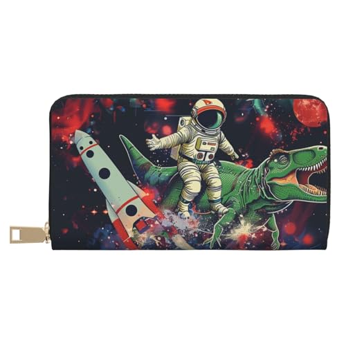 JKLQWC Lustige Astronauten-Dinosaurier-Rakete bedruckte lange Geldbörse für Damen und Herren, lustige PU-Leder-Geldbörse mit Münzgeldbörse und Kartenhalter, weiß, Einheitsgröße, Modern von JKLQWC