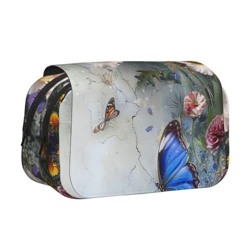 JKLQWC Lustiges Federmäppchen mit Marienkäfer-Aufdruck, für Kinder, Herren, Damen, zwei Ebenen, großes Fassungsvermögen, Make-up-Tasche, Organizer für Büro, Schule, Reisen, Blumen und Schmetterling von JKLQWC