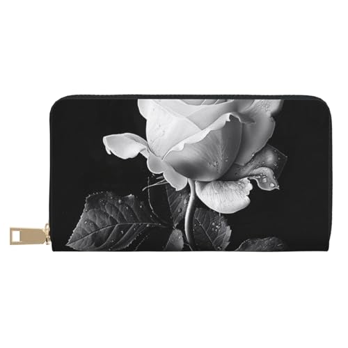 JKLQWC Monochrome Rose Printed Long Wallet for Women Men Funny PU Leather Wallet with Coin Purse and Card Holder, weiß, Einheitsgröße, Modern von JKLQWC