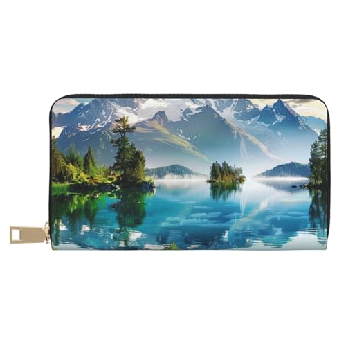 JKLQWC Mountain Lake View Sunny Day Nature Printed Long Wallet for Women Men Funny PU Leather Wallet with Coin Purse and Card Holder, weiß, Einheitsgröße, Modern von JKLQWC