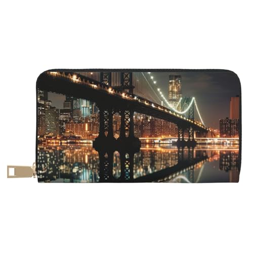 JKLQWC New York Manhattan Bridge Night Printed Long Wallet for Women Men Funny PU Leather Wallet with Coin Purse and Card Holder, weiß, Einheitsgröße, Modern von JKLQWC