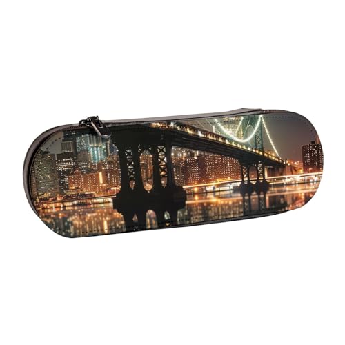 JKLQWC New York Manhattan Bridge Night bedrucktes Federmäppchen, niedliches Federmäppchen, PU-Leder, Reißverschluss, Federmäppchen, Organizer für Büro, Schule, Reisen, Schwarz , Einheitsgröße von JKLQWC