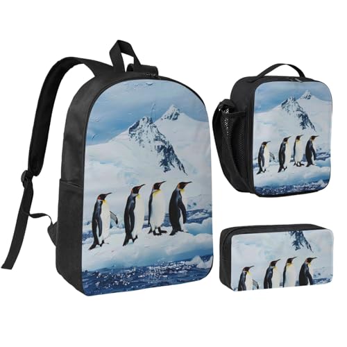 JKLQWC Rucksack Set mit Schmetterlings-Aufdruck, 43,2 cm, mit isolierter Lunchtasche und Federmäppchen, für Studenten, Teenager, Mädchen, Jungen, Schwarz, 3-teilig, Pinguine auf dem Eisberg von JKLQWC