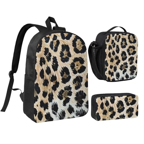 JKLQWC Rucksack-Set mit Sonnenblumen-Aufdruck, 3-teilig, 43,2 cm, Schultasche mit isolierter Lunchtasche und Federmäppchen für Studenten, Teenager, Mädchen, Jungen, Rauer Leopardenmuster von JKLQWC
