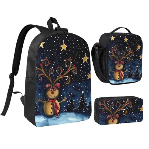JKLQWC Rucksack-Set mit Sonnenblumenmuster, 3-teilig, 43,2 cm, Schultasche mit isolierter Lunchtasche und Federmäppchen für Studenten, Teenager, Mädchen, Jungen, Sternenhimmel Weihnachten von JKLQWC