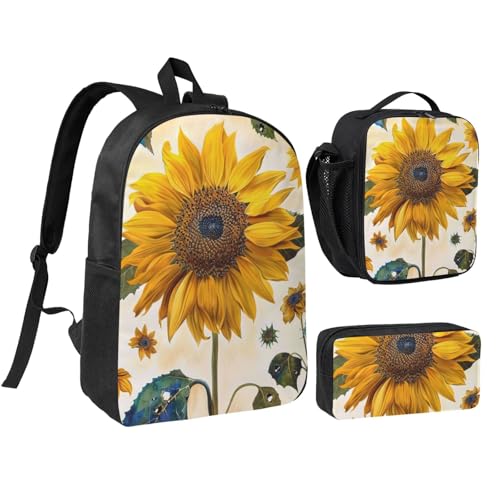 JKLQWC Rucksack mit Wildhirsch-Motiv, 3-teilig, 43,2 cm, Schultasche mit isolierter Lunchtasche und Federmäppchen für Studenten, Teenager, Mädchen, Jungen, Sonnenblumen, Einheitsgröße, Schulrucksack von JKLQWC