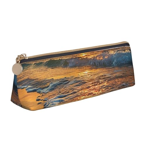 JKLQWC Schöne Unterwasserwelt Delfine Koralle bedrucktes Dreieck-Federmäppchen mit Reißverschluss – leichter Leder-Organizer für Schule, Büro, Reisen, Make-up, Beach Wave Sonnenuntergang von JKLQWC