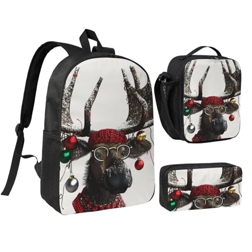 JKLQWC Schönes Muschel-Druck-Rucksack-Set, 3-teilig, 43,2 cm, Schultasche mit isolierter Lunchtasche und Federmäppchen für Studenten, Teenager, Mädchen, Jungen, Lustiger Weihnachts-Elch, Einheitsgröße von JKLQWC