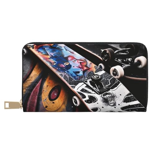 JKLQWC Skate Boards bedruckte lange Geldbörse für Damen und Herren, lustige PU-Leder-Geldbörse mit Münzgeldbörse und Kartenhalter, weiß, Einheitsgröße, Modern von JKLQWC