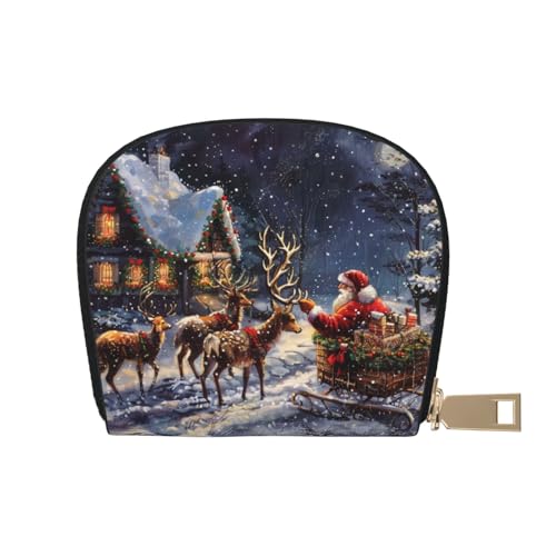 JKLQWC Snow Night Santa and Deer Printed Credit Card Wallet for Women Men Cute Zipper Card Cases Holder Mini Coin Purse with 12 Card Slots, weiß, Einheitsgröße, Modern von JKLQWC