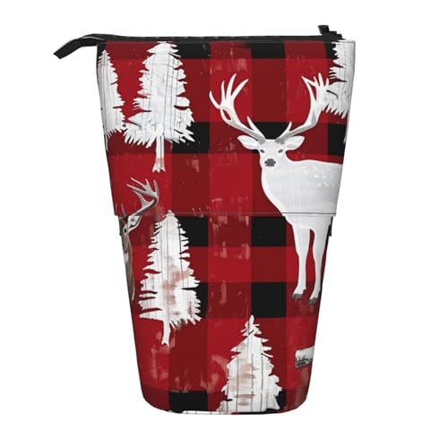 JKLQWC Stehendes Federmäppchen, einziehbar, niedlicher Weihnachtsmann-Druck, Schreibwaren und Make-up-Tasche für Reisen, Schule, Büro, Geschenke, Kuh Hirsch Baum Weihnachten, Einheitsgröße von JKLQWC